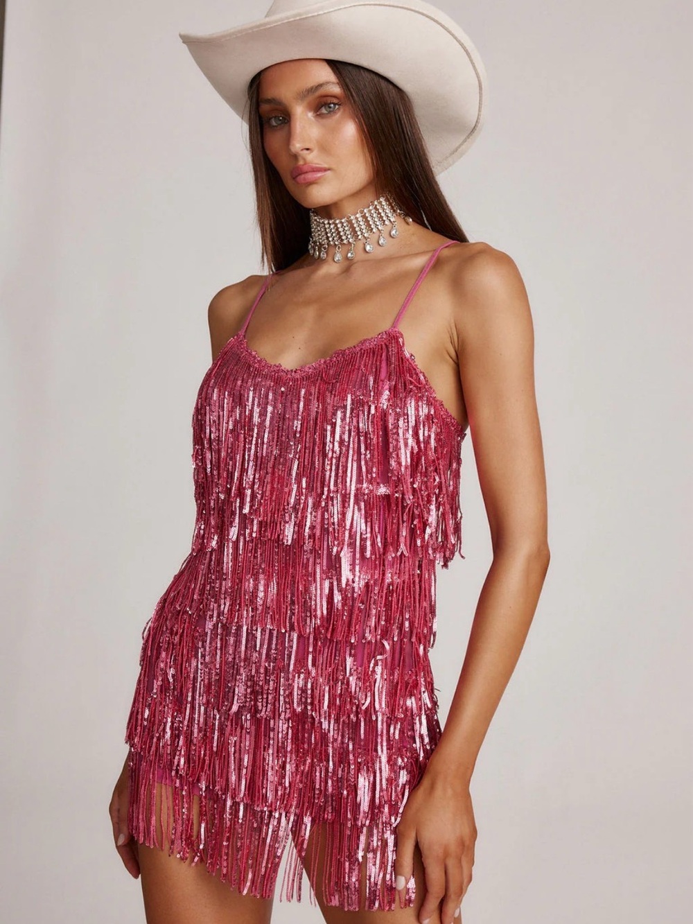 12th Tribe Pink Sequin Fringe Mini Dress - Picture 2 of 5